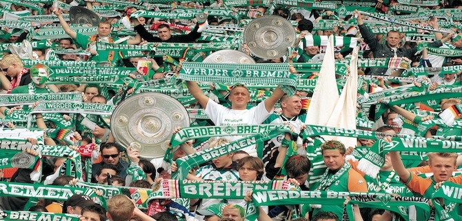 A collage of fans cheering at a Bremen soccer game.