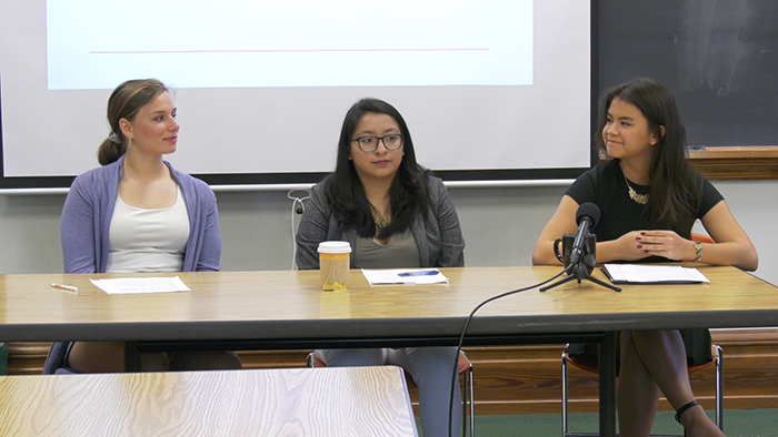 Students taking the class Social Movements, Social Media and Global Change held a mock press conference to announce the rollout of their social-justice campaigns. From left: Mary Smith &#039;20, Kimberly Lopez Castellanos and Andrea Bisbjerg &#039;18.