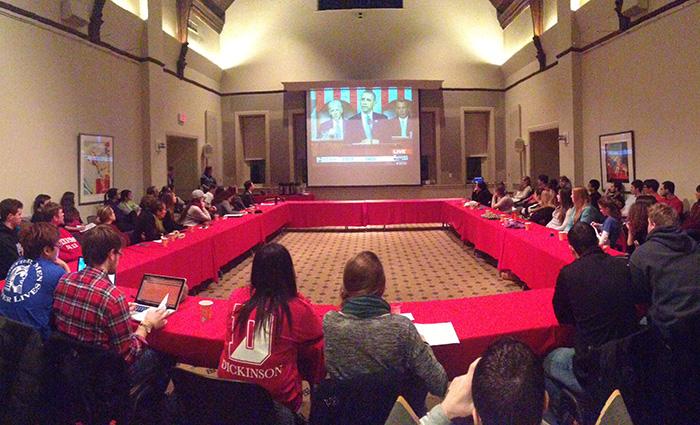 The Stern Great Room was packed with students for the Public Affairs Committee State of the Union address watch party.