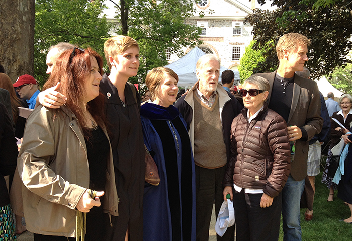 Donald Moffat (fourth from left) attended the graduation of granddaughter Sydney (second from left), during one of his many visits to campus.