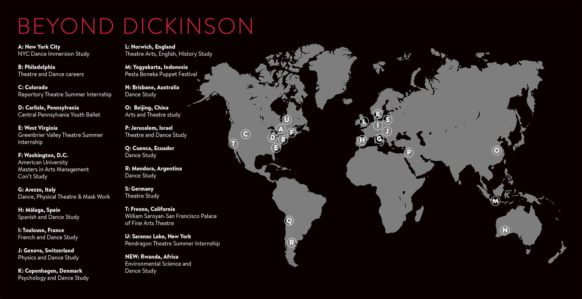 Map of alumni placement for Dickinsons theatre and dance department 