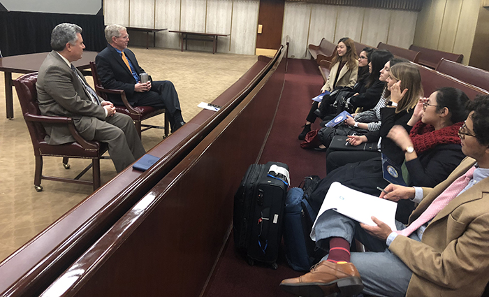 Mark Barnett ’85 discussed careers in international trade law, while his colleague, Mario Toscano, discussed positions in the clerk’s office.