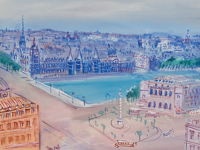 Jean Dufy, View of Paris, ca. 1920–1940. Watercolor and gouache on paper, 18. x 24. in. (47.6 x 62.9 cm). Signed, lower left: Jean Dufy. The Trout Gallery, Dickinson College, Gift of Henry and Donna Clarke, 1983.1.1 (cat. 4).