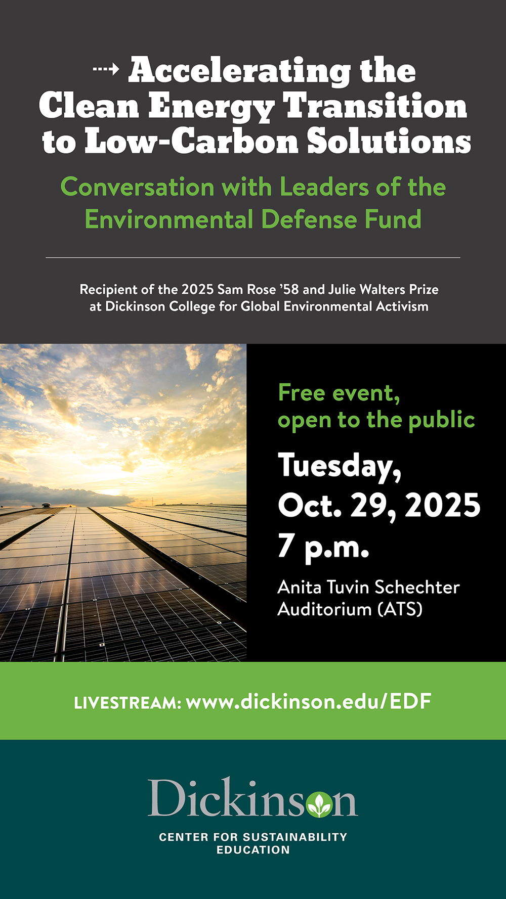 A poster for the Accelerating the Clean Energy Transition to Low-Carbon Solutions: A conversation with leaders of the EDF at Dickinson College