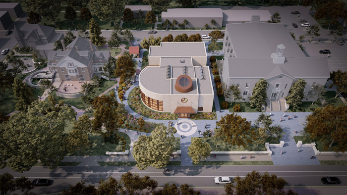 A rendering of an aerial view of the new center.