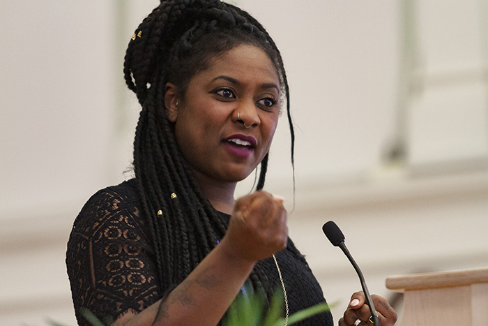 Alicia Garza delivers the keynote address of an Africana studies conference at Dickinson. Photo by Carl Socolow '77.