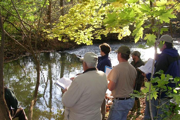 citizen scientists at a stream