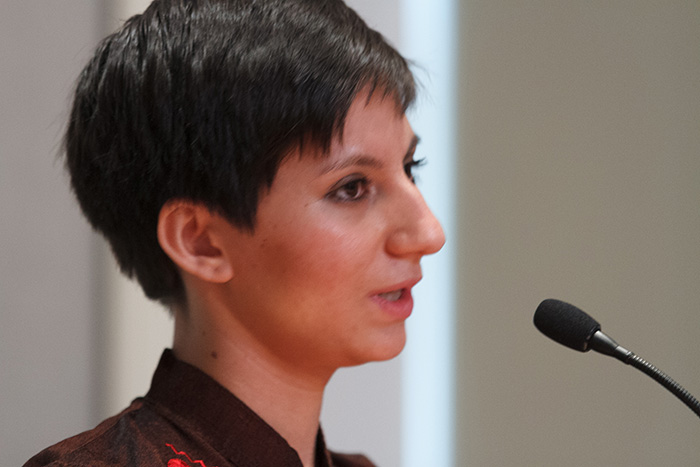 Noorjahan Akbar '14, speaking during an April 8, 2013 Glamour Magazine Award recognition ceremony in Stern Great Hall. Akbar returned to campus April 25. Photo by Carl Socolow '77.