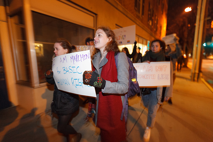 students march to the borough council hall to show support for an anti-discrimination ordinance.