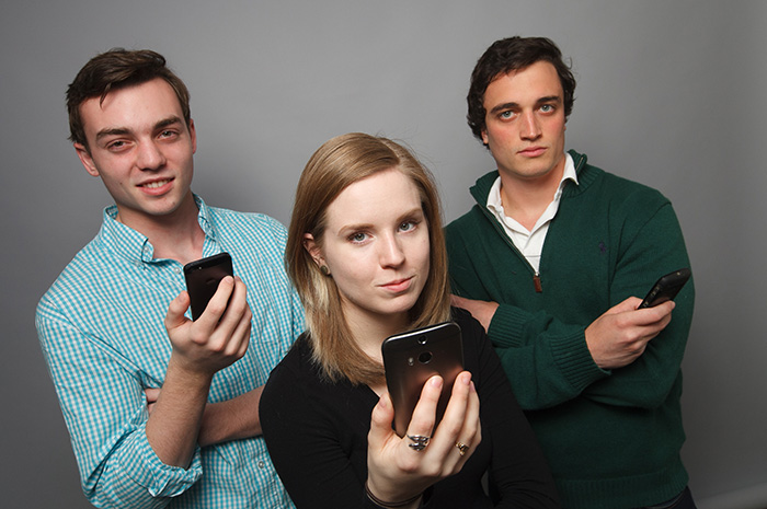 From left: Kevin Henwood '18, Lindsay Kearney '15 and Eddie Finocchiaro '15. Photo by Carl Socolow '77.