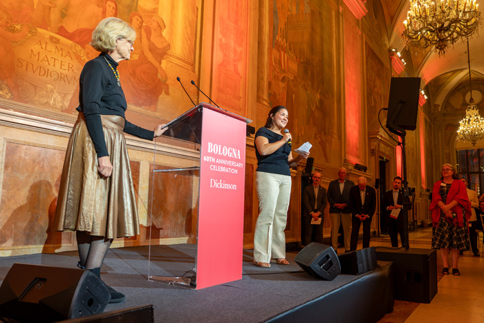 "This experience was life-changing," said Nancy Hoof &rsquo;75 (left), who took the stage with Jess Berghoffer &rsquo;24 (right) to discuss the Bologna abroad experience. Photo by Joe O'Neill.