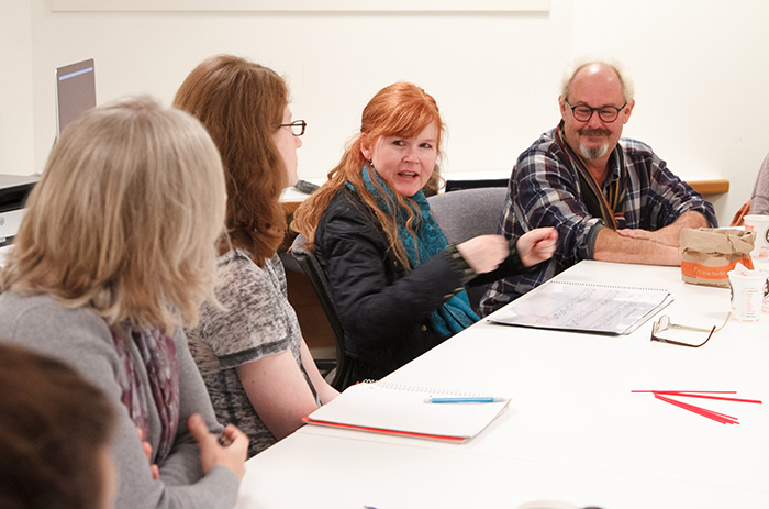 Sarah Cahill (second from right) and John Sanborn (far right) lead a small-group discussion at Dickinson. Photo by Carl Socolow '77.