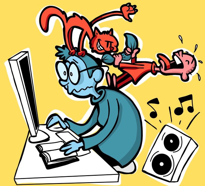 Cartoon of student at a computer being distracted 