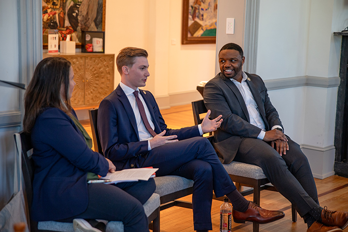 The two youngest members of the PA State House, Alec Ryncavage (R, center) and Andre Carroll (D, right) take part in a nonpartisan discussion on campus with Dean and Provost Renee Cramer. Photo by Riley Heffron '26.