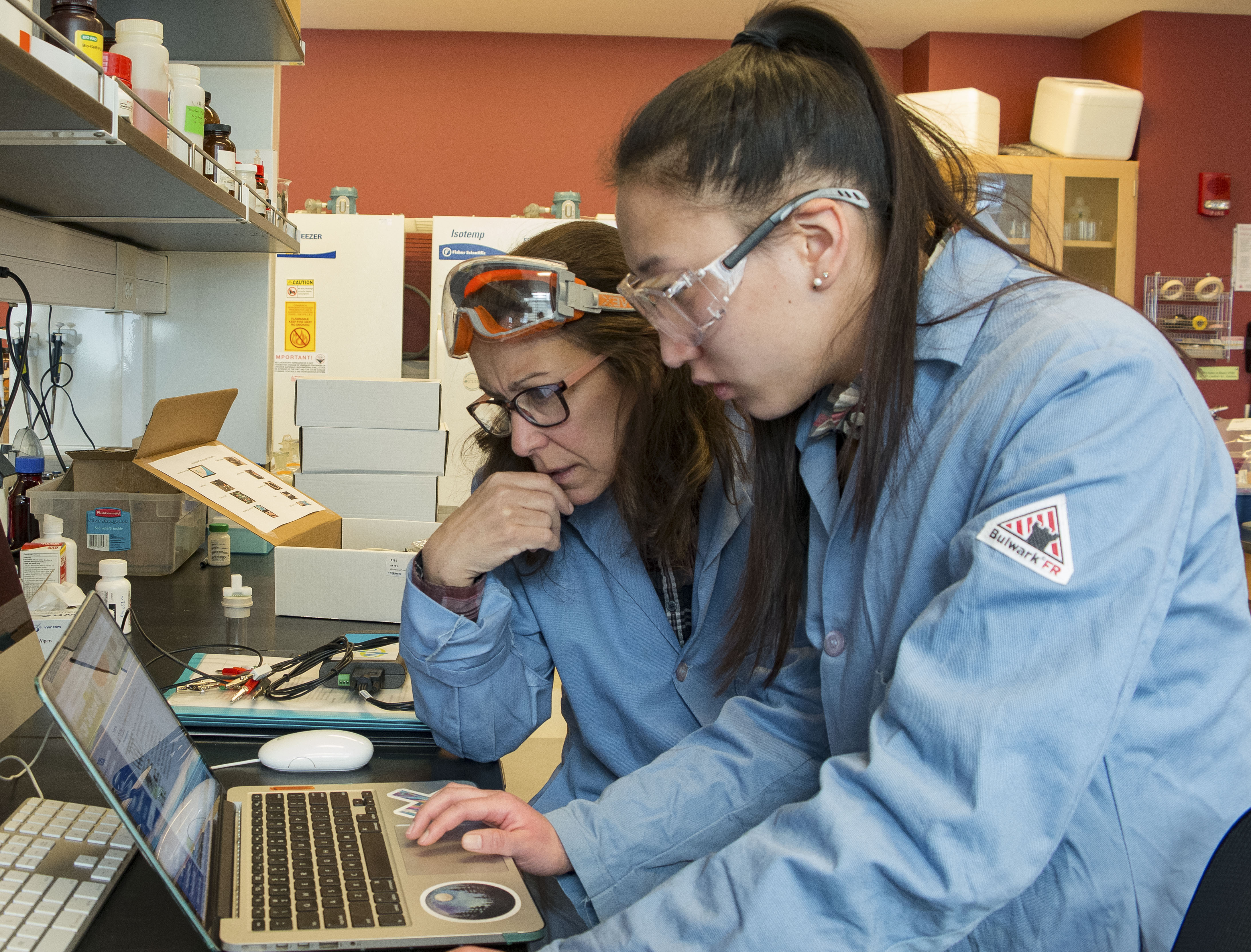 A chemistry student and faculty member review data on a laptop in the lab.