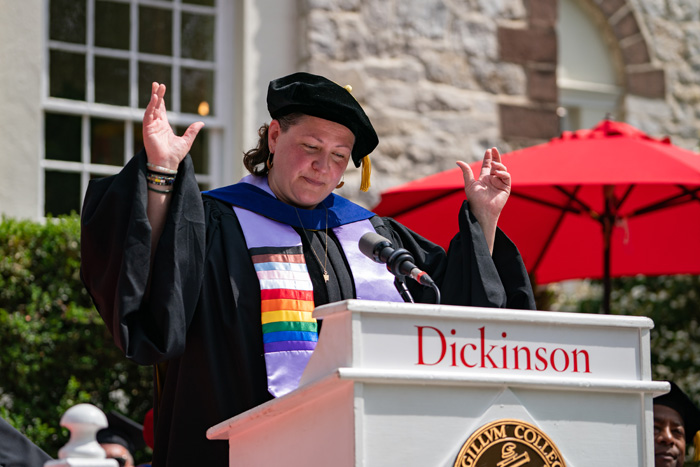 Associate Professor of English Sarah Kersh addresses the class of 2026. Photo by Dan Loh.