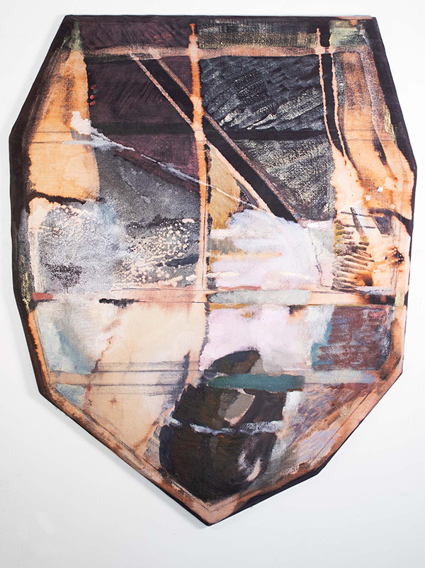 Eleanor Conover, Seed (for Sigrid), 2021, dye, bleach, acrylic, oil, and graphite on linen with beveled pine, 46 x 35 in. 