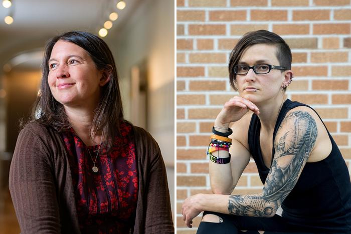 A photomontage of Renee Cramer seated inside a building and Keri Blakinger seated outdoors in front of a brick wall.