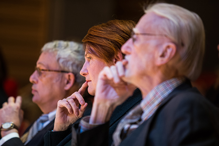 Donald Moffat (far right) with daughter Wendy and Neil Weissman, during an on-campus ceremony honoring Wendy.