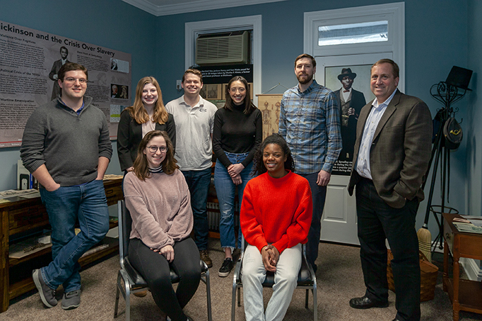 Matthew Pinsker, director of the House Divided project (far right) poses with Ryan Burke, exhibition designer, and student-researchers for the Dickinson and Slavery initiative.