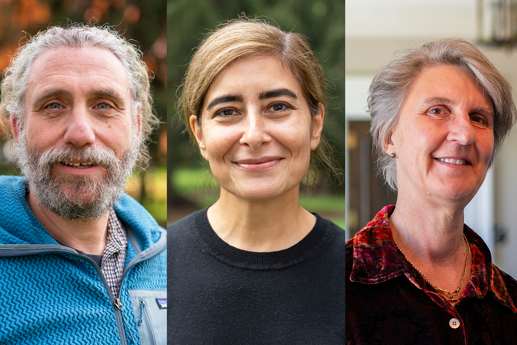 The three newest endowed faculty chairs at Dickinson are (from left): Michael Beevers, Ebru Kongar and Jennifer Blyth. Photo composite by Dan Loh.