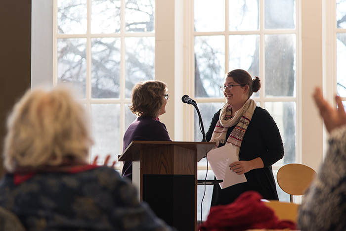 Audrey Schlimm accepts the 2017 First-Year Seminar Writing Award. Photo by Wes Lickus '17