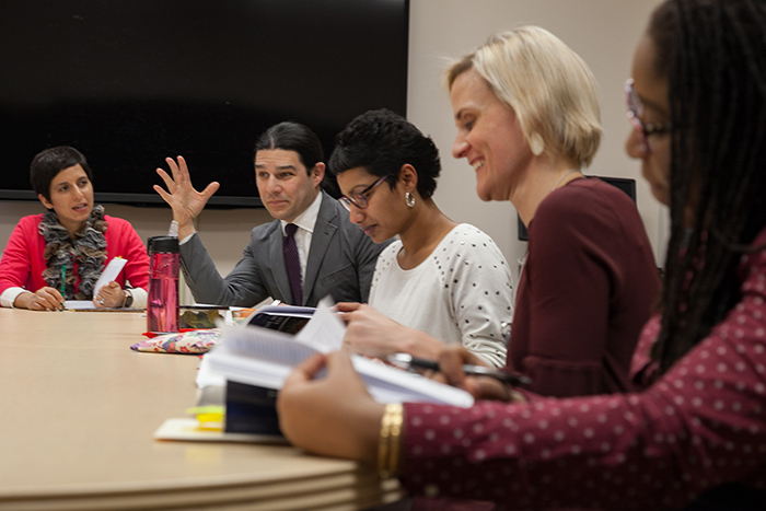 Members of the spring 2018 Faculty Seminar, Citizen/Refugee, held their first meeting Oct. 29. Photo by Carl Socolow '77.