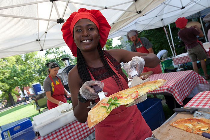 Student working at Farmers on the square