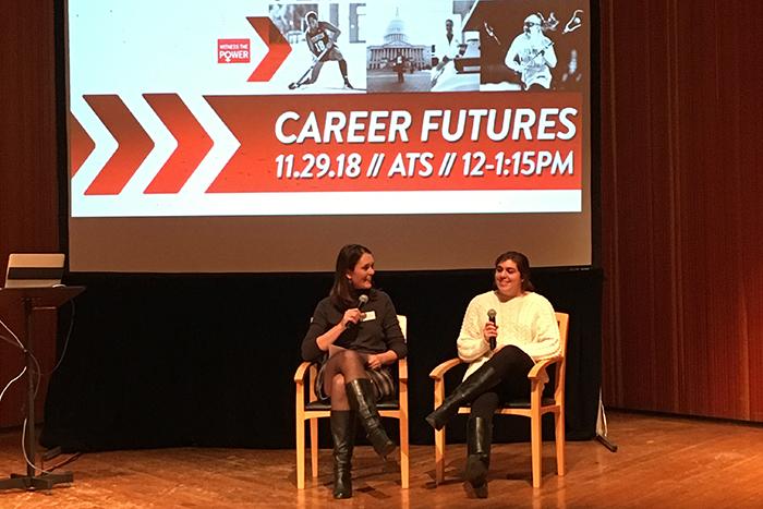 Photo of Tara Fischer and Olivia Termini during a discussion in the Anita Tuvin Schlechter Auditorium