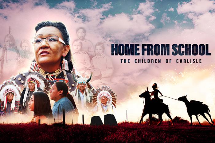 Excerpt from the poster for the film, "Home From School: The Children of Carlisle." The poster depicts several Native American people in front of a cloudy sky.