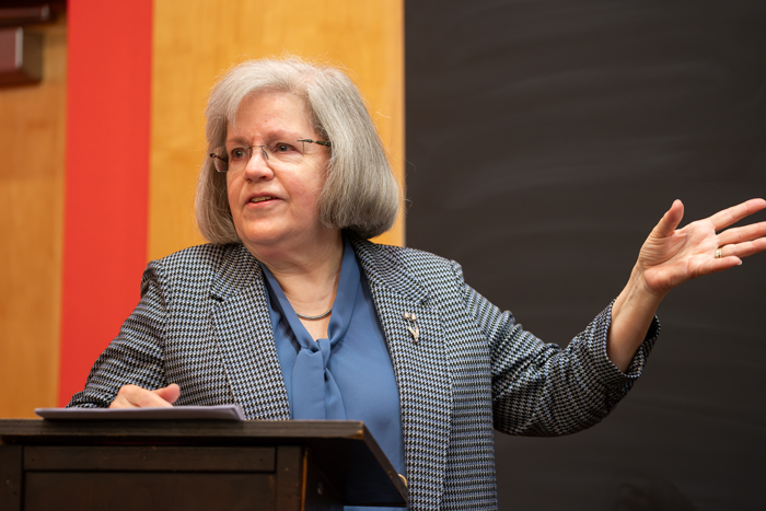Holly Petraeus '74, P'04, speaks to students during a recent class visit, one of the many ways she stays connected to Dickinson. Photo by Dan Loh.