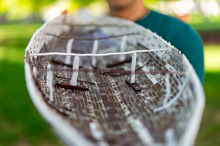 Hunter Omerzo '24's 1/30-scale replica helps answer age-old questions about a famed fifth-century B.C. vessel. Photo by Dan Loh.