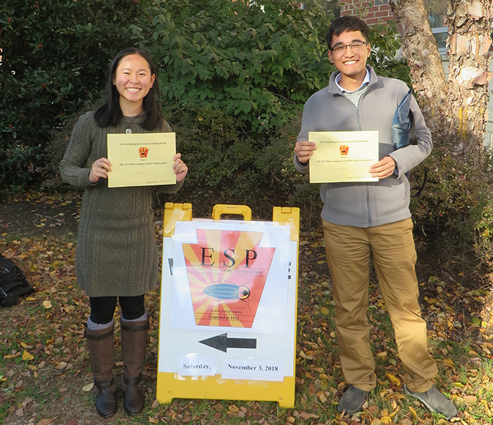 Sara Soba '21 and Karan Shakya '20 pose with their awards at the Annual Meeting of the Entomological Society of Pennsylvania. 