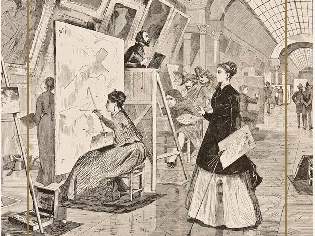 Winslow Homer, "Art Students and Copyists in the Louvre Gallery," 1868, wood engraving on paper, 9 x 13.75 in (22.86 x 34.925 cm), 2004.5.5