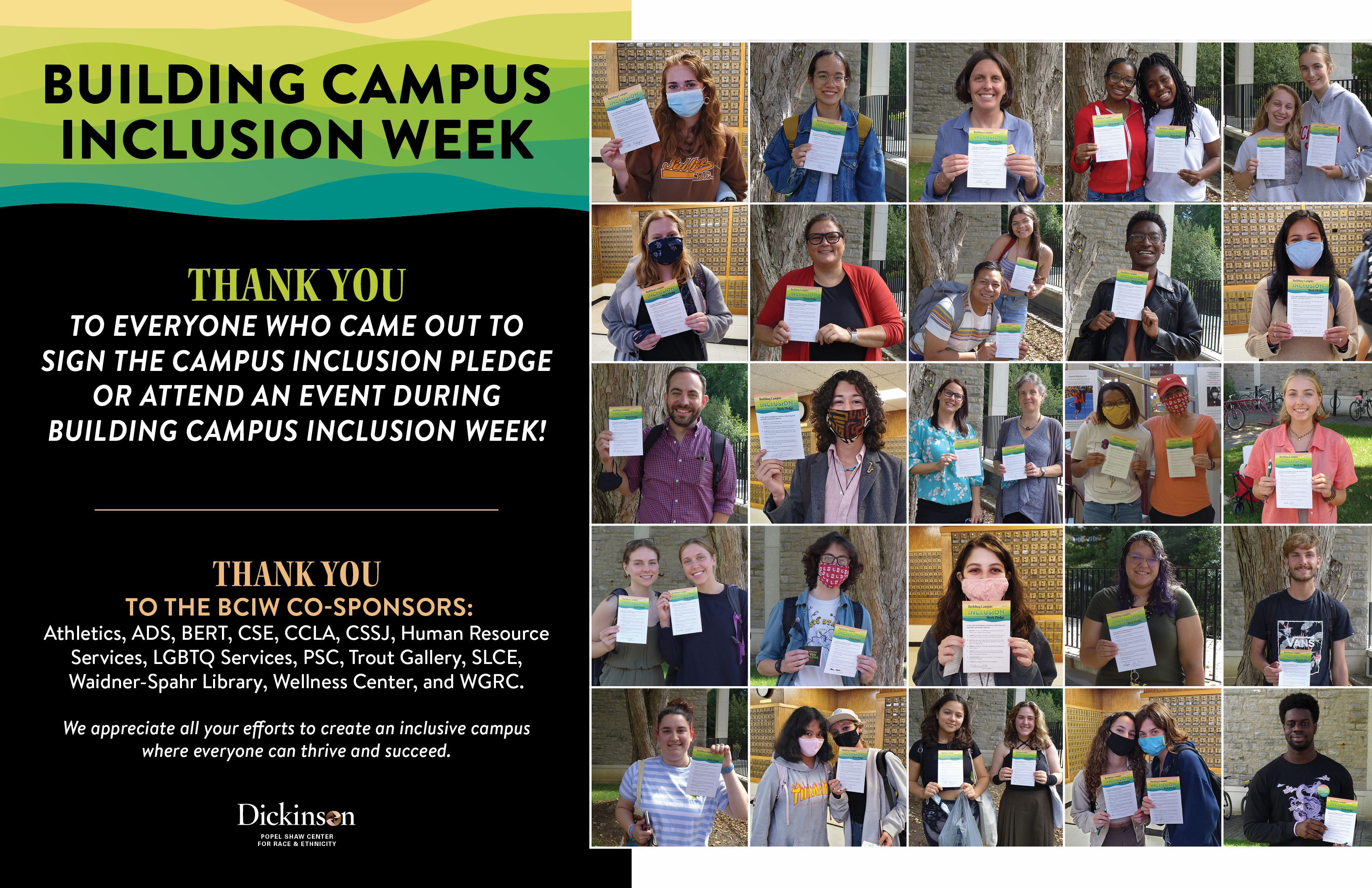 Poster thanking Dickinsonians for participating in "Building Campus Inclusion" week and showing a collection of pictures of those who participated 