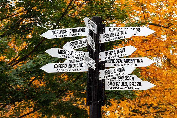 Directional signs pointing to various world cities stand on a tall pole in front of a background of trees.