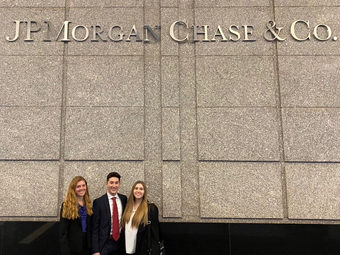 Jordan Trief '22, Celia Carini '22 and Julianne Siecinski '21 caught a glimpse of life at J.P. Morgan, courtesy of Shaun Lorraine '04.