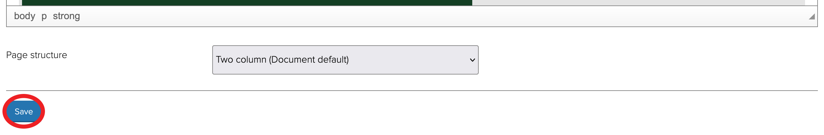 Screenshot of the Jadu Document Page editor with a red circle around the blue Save button