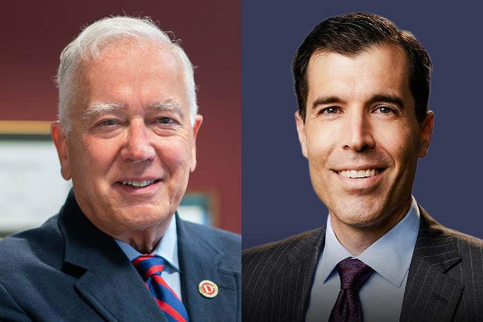 Portraits of two men. On the left side, an older gentleman in a blue suit standing in front of a red background. On the right, a middle-aged man in a gray pinstripe suit in front of a blue background.