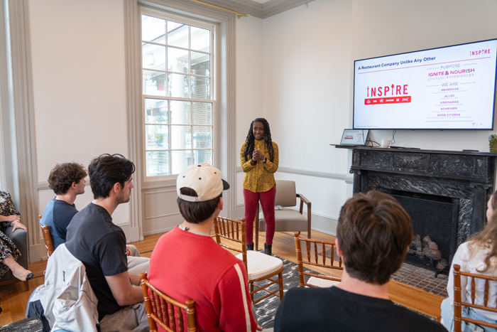 Rudge spoke to students about potential internships with Inspire during her Career Convo in the John M Paz '78 Alumni & Family Center. Photo by Dan Loh.