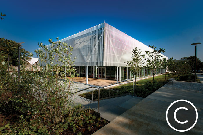 The perimeter screen surrounding the Kline Center expansion, which is one of many energy-saving features.