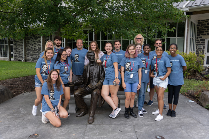 High-school students taking part in the Knowledge for Freedom summer program and their professor, Matthew Pinsker, pose for the camera during a field trip to Gettysburg, Pa. Photo by Dan Loh.