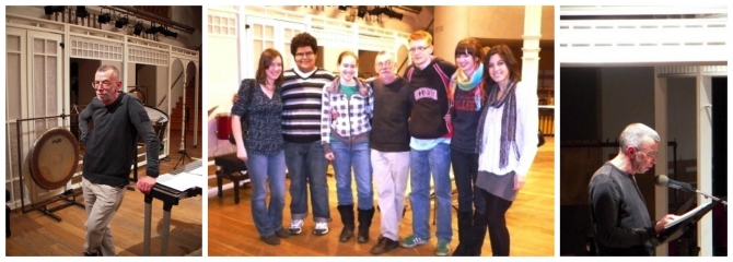 Various photos of the Russian poet Lev Rubinstein and a group photo of the students with him.