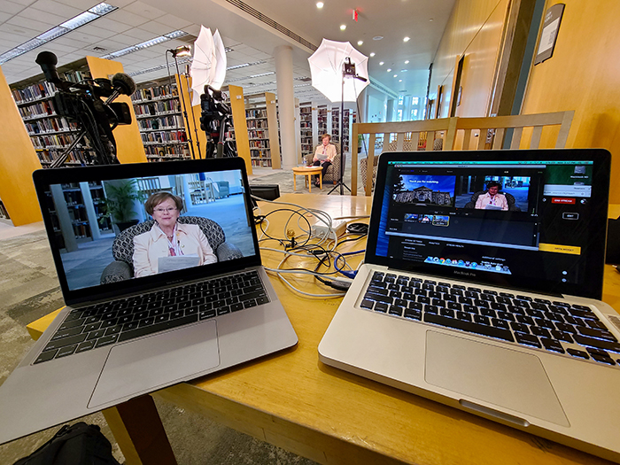 Filmed in the Waidner-Spahr Library, A Conversation with President Margee Ensign brought Dickinsonians together for the traditional Alumni Weekend address and Q&A. Photo by Joe O'Neill.