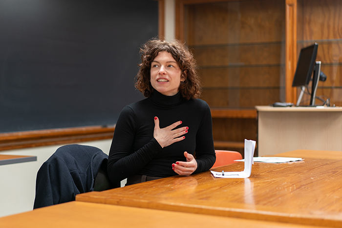 Marie Gamillscheg, Dickinson's 2024 Max Kade writer-in-residence, speaks with students studying modern German film. Photo by Dan Loh.