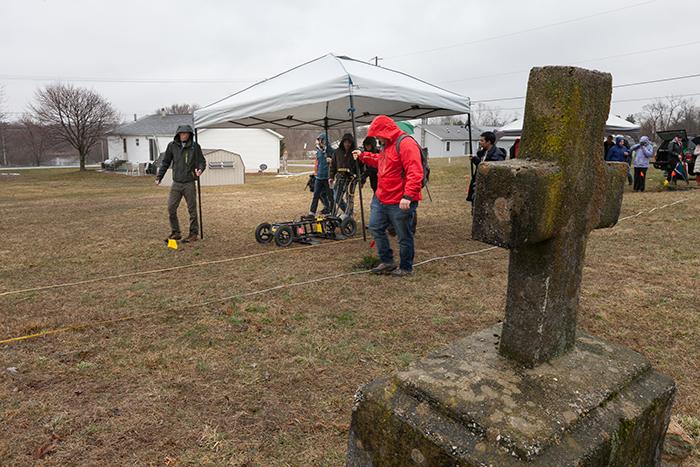 Students from a Dickinson College geophysics class survey the Mt. Tabor Church Cemetery for unmarked graves.