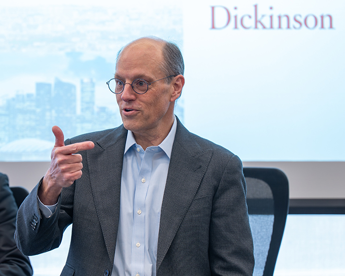 Holcombe Green speaks with Dickinson students interested in careers in finance during a Jan. 26 event at Lazard in NYC. Photo by Joe O'Neill.