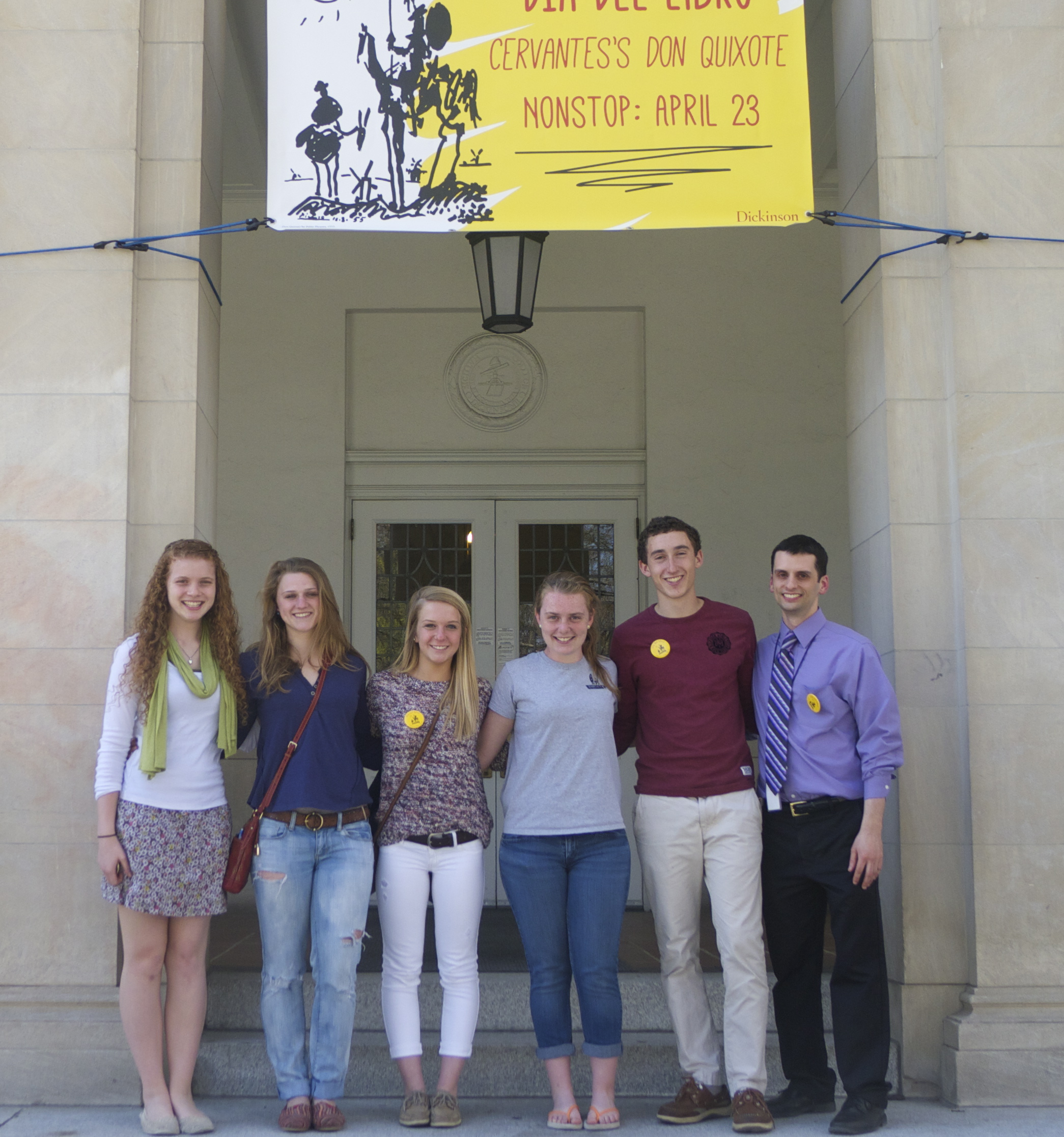 Michael Bogdan '05, a Spanish teacher at Boiling Springs High School, stands with some of his students who read in the Don Quixote readathon.