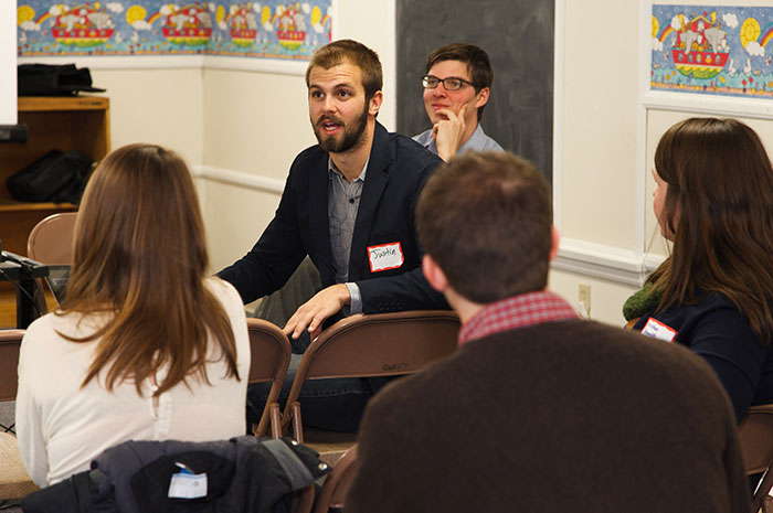 Justin McCarty '14 swaps ideas with student leaders from colleges across Pennsylvania during the 2014 PERC Student Sustainability Symposium. The event was the first statewide, student-led symposium in Pennsylvania.