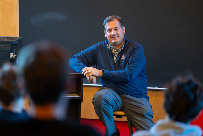 Paul Yater speaks to students in a classroom